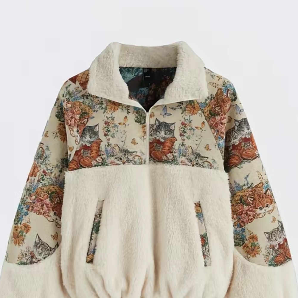 Cider Cream Sherpa Jacket with Floral Cat Panels